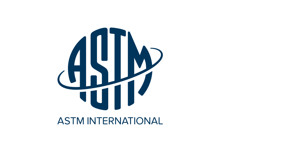Logo der ASTM International in Blau mit stilisiertem Globus.