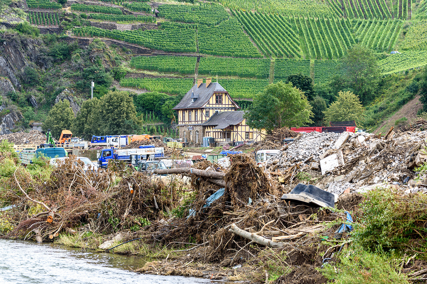 Schutt und Fahrzeuge im Weinberg, Gebäude im Hintergrund