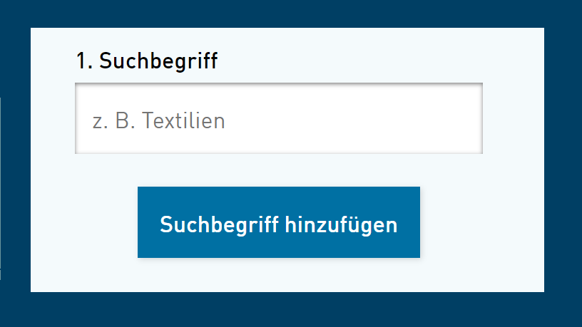 Screenshot einer Webseite mit Eingabefeld zur Festlegung von Suchbegriffen für den Normungs-Monitor.
