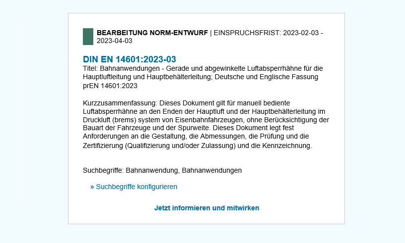 Anzeige eines Norm-Entwurfs zur Bearbeitung im Bereich Bahnanwendungen, mit Titel, Zusammenfassung und Suchbegriffen.