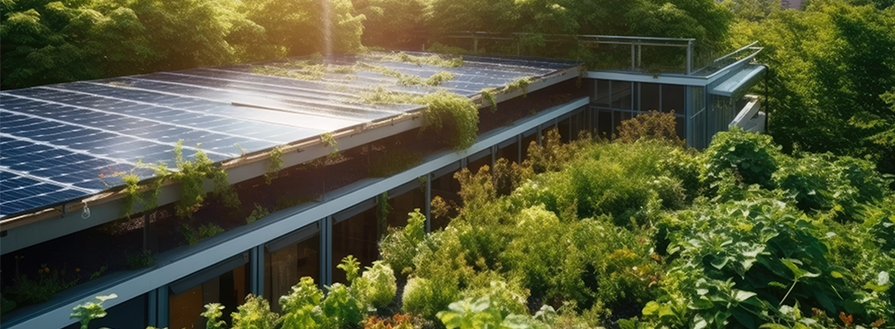 Modernes Gebäude mit üppigem begrüntem Dach und Solarpanelen, umgeben von Bäumen und städtischen Gebäuden.