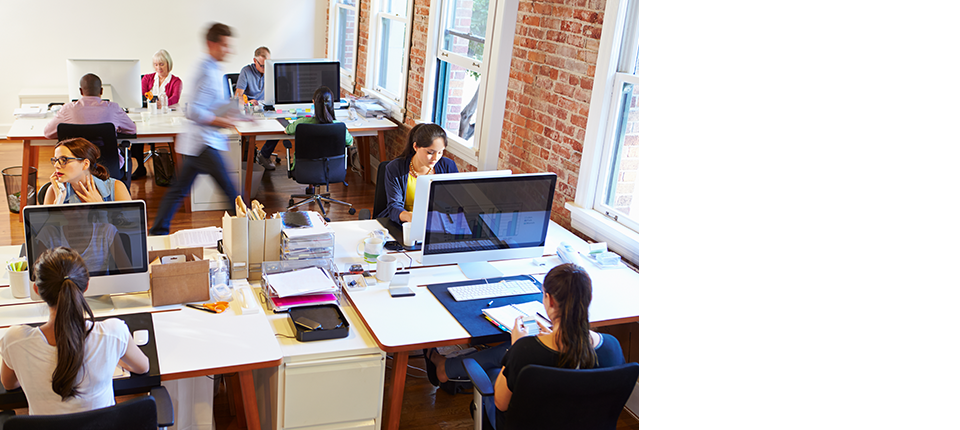 Team working on computers in a modern open-plan office for collaborative productivity.