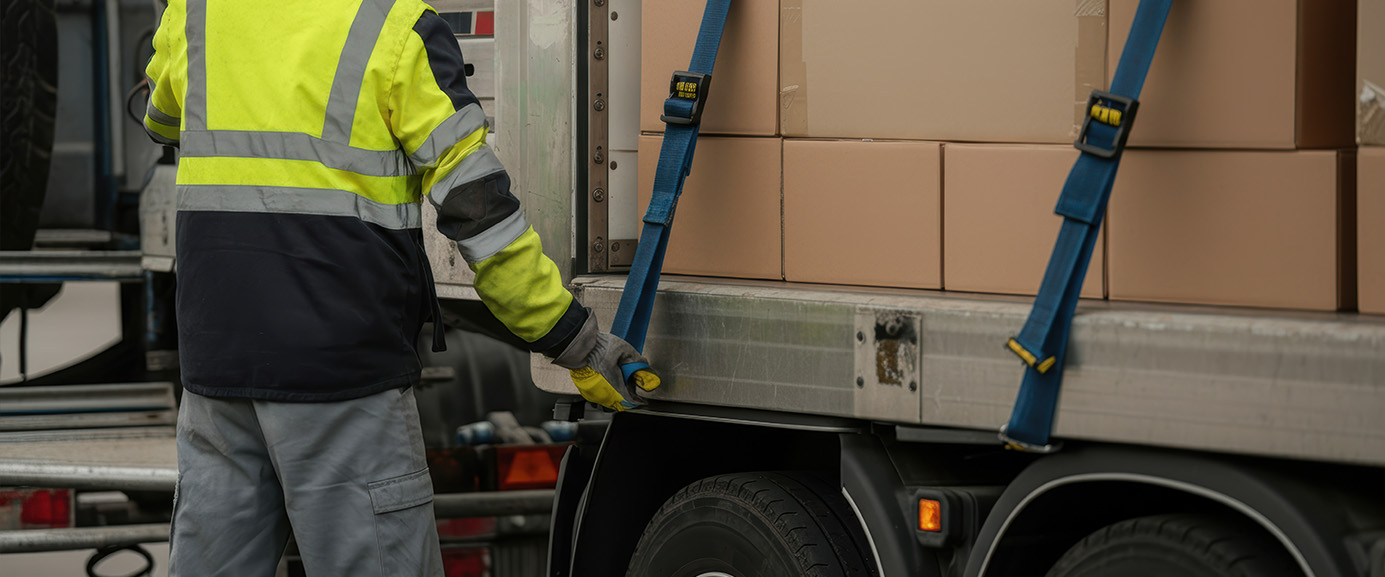 Männlicher Arbeiter sichert Ladung auf LKW 