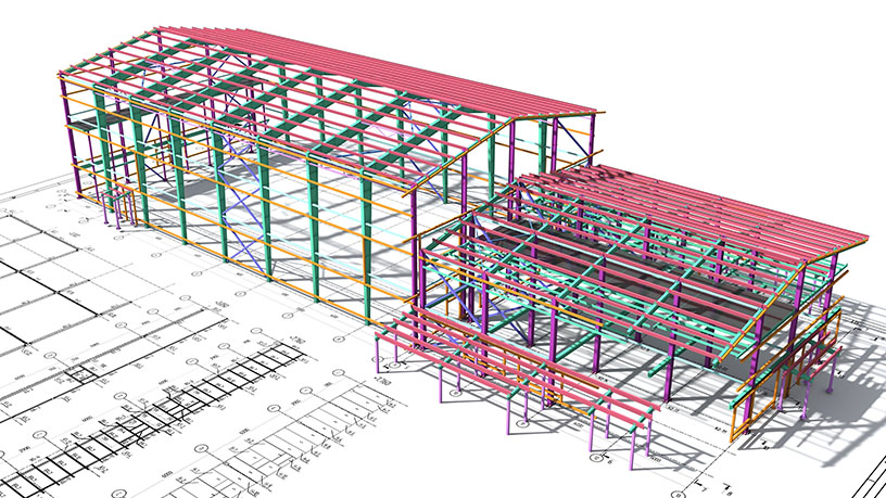 3D-Darstellung eines BIM-Gebäudemodells aus Stützen, Balken, Verbindungselementen und Trägern