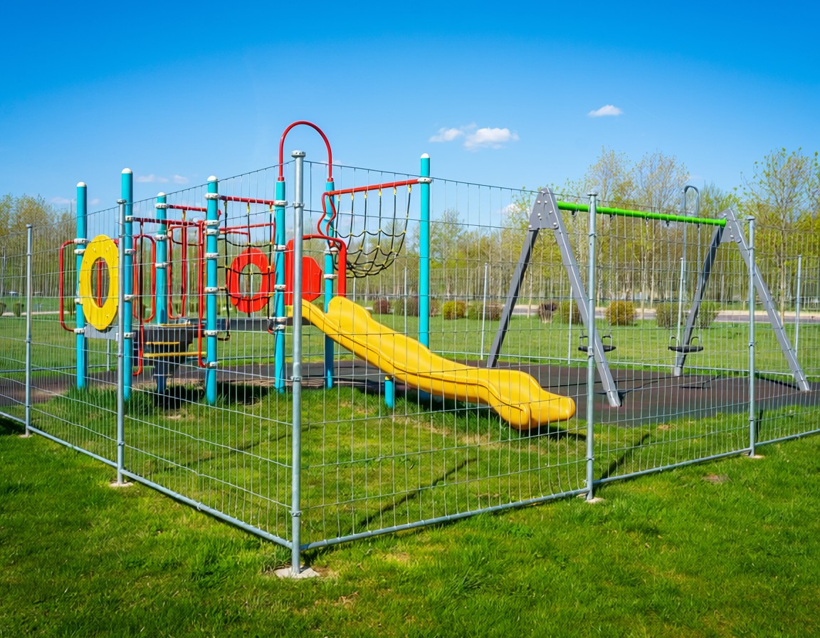 Spielplatz mit einem Bauzaun eingezäunt 