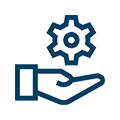 Icon with a hand holding a gear, symbolizing full service.