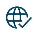 Icon depicting a globe; inside it, a checkmark symbolizing international acceptance.