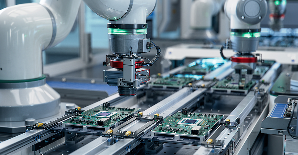 Fully Automated PCB Assembly Line Equipped with High Precision Robot Arms at Electronics Factory.