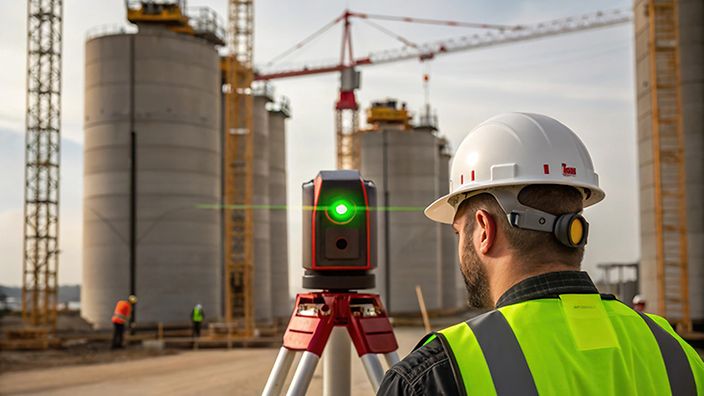 Arbeit mit einem Helm der einen Laser benutzt. Silos im Hintergrund 