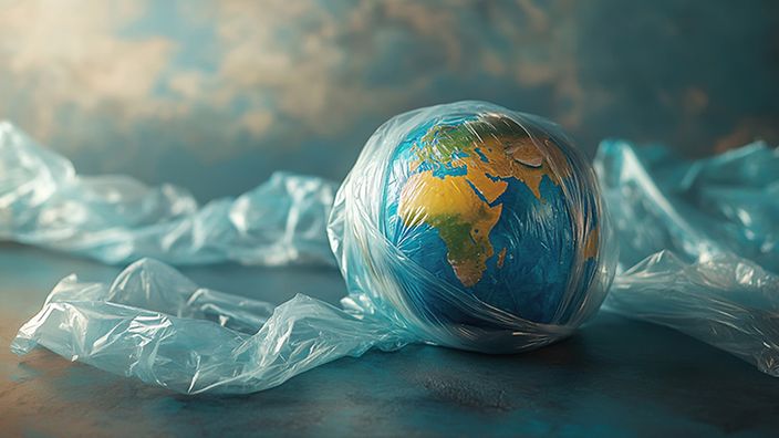 Weltkugel in Plastik eingewickelt 